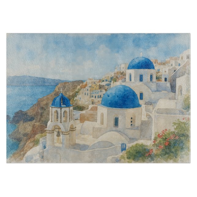 Planche À Découper Santorin Grèce Aquarelle Église à Dôme Bleu (Devant)