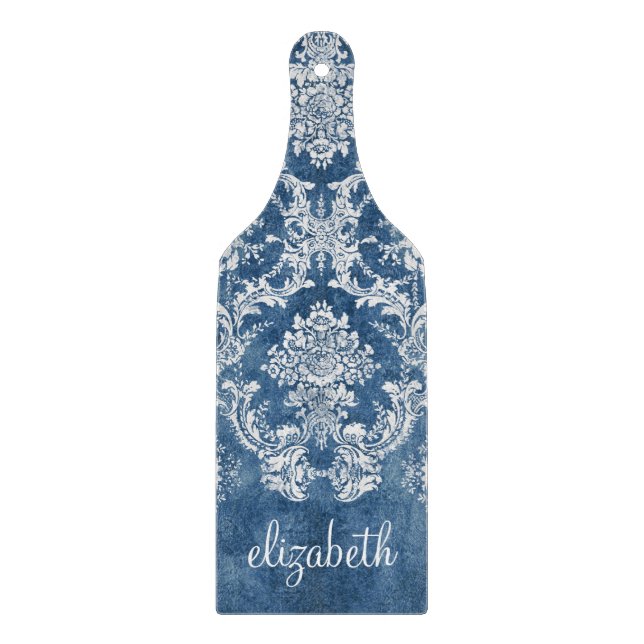 Planche À Découper Sapphire Blue Vintage Damask Modèle et nom (Devant)