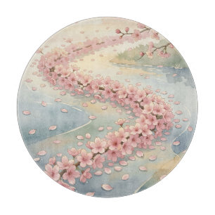 Planche À Découper Scène aquarelle de la rivière aux cerisiers roses
