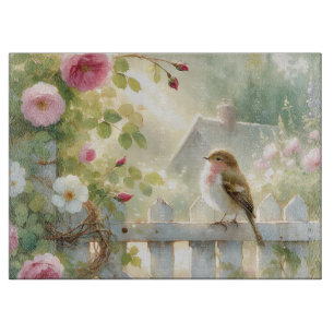 Planche À Découper Scène aquarelle de rose de jardin et d'oiseau