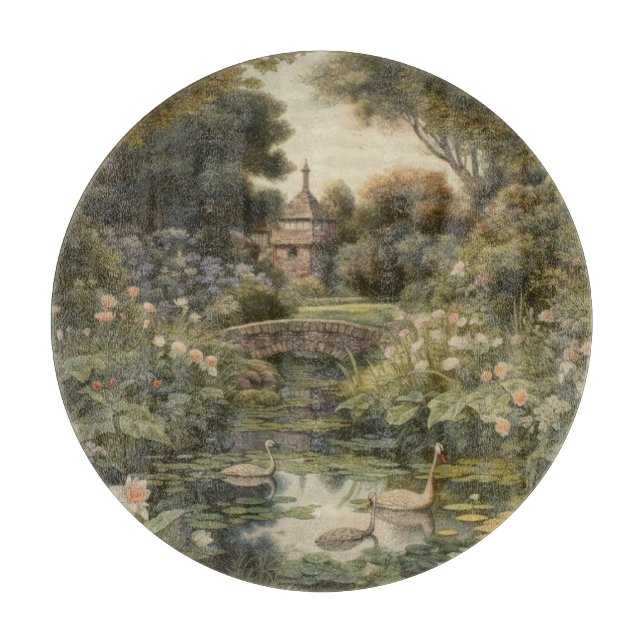 Planche À Découper Scène botanique de cygnes dans un jardin anglais (Devant)