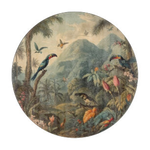 Planche À Découper Scène botanique vintage de toucans et fleurs