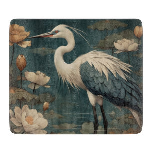 Planche À Découper scène botanique vintage grue bleue et lotus aussi