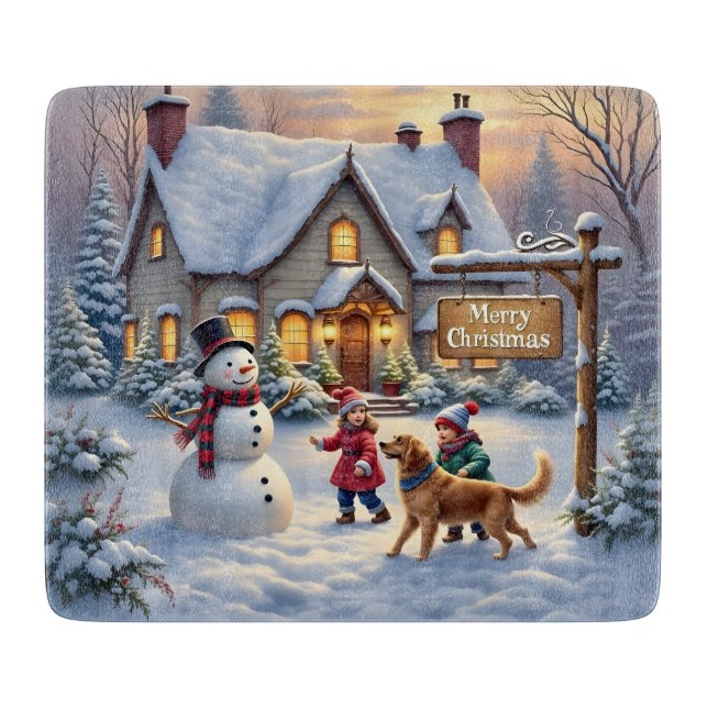 Planche À Découper Scène d'art de Noël enneigée et cosy (Devant)