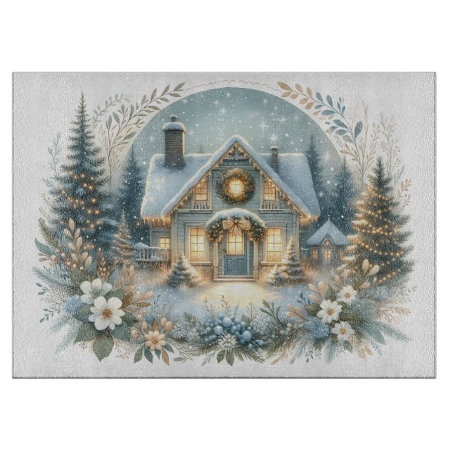 Planche À Découper Scène de cabane enneigée lumineuse (Devant)