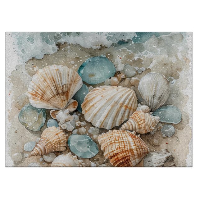 Planche À Découper Scène de coquillages de mer côtière à l'aquarelle  (Devant)
