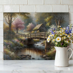 Planche À Découper Scène de cottage sur un pont au printemps dans un 