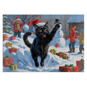 Planche À Découper Scène de fête de Noël de chat noir