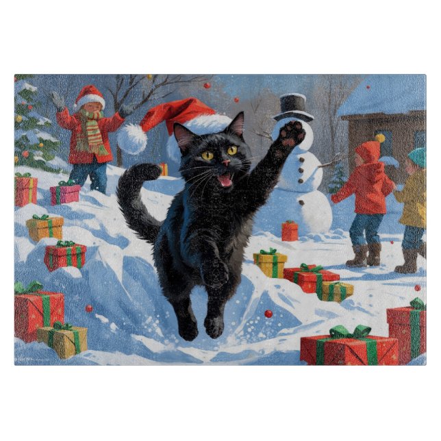 Planche À Découper Scène de fête de Noël de chat noir (Devant)