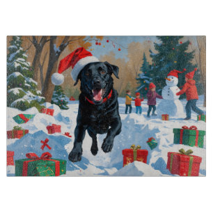 Planche À Découper Scène de neige festive de Noël avec Labrador noir