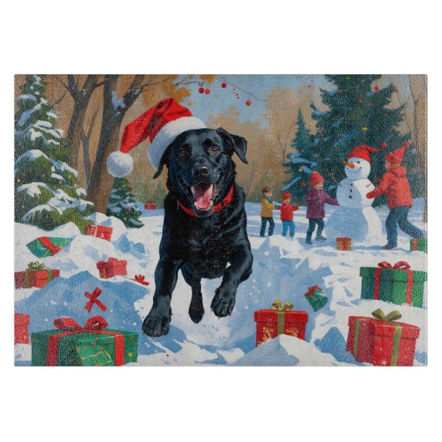 Planche À Découper Scène de neige festive de Noël avec Labrador noir (Devant)