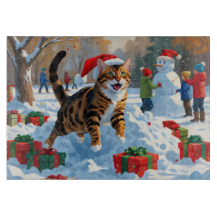 Planche À Découper Scène de neige festive de Noël avec un chat Bengal