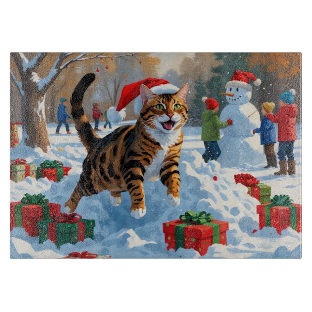 Planche À Découper Scène de neige festive de Noël avec un chat Bengal (Devant)
