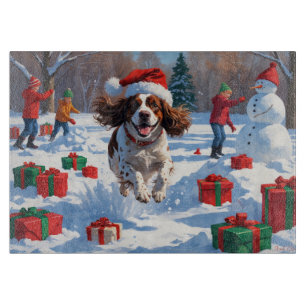 Planche À Découper Scène de neige festive de Noël avec un épagneul br