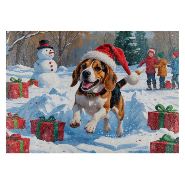 Planche À Découper Scène de neige festive de Noël Beagle (Devant)