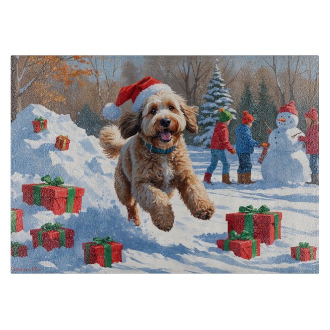Planche À Découper Scène de Noël enneigée avec un Bernedoodle festif (Devant)