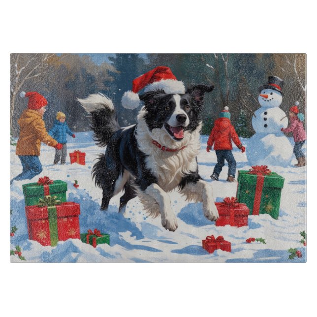 Planche À Découper Scène de Noël festive avec Border Collie dans la n (Devant)