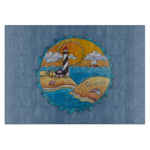 Planche À Découper Scène de plage de phare fantaisiste, art folkloriq
