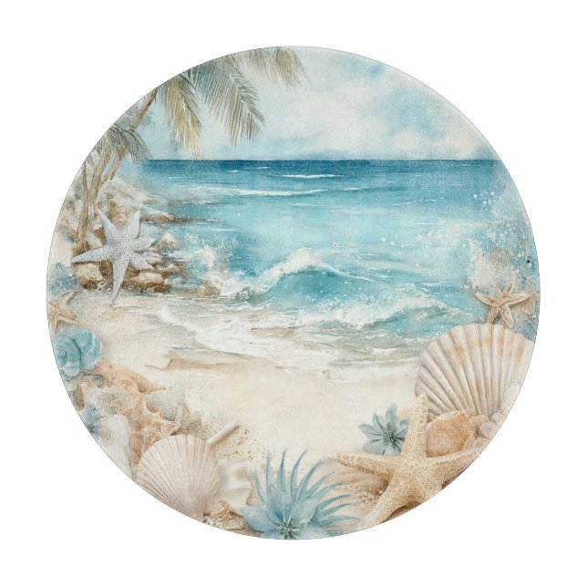 PLANCHE À DÉCOUPER SCÈNE DE PLAGE SABLEUSE BLEUE AVEC COQUILLAGES (Devant)