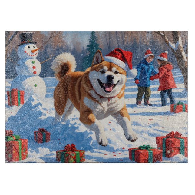Planche À Découper Scène enneigée festive d'Akita Noël  (Devant)