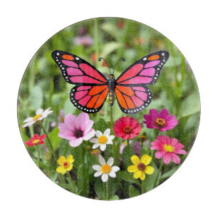 Planche À Découper Scène vibrante de jardin avec papillon monarque
