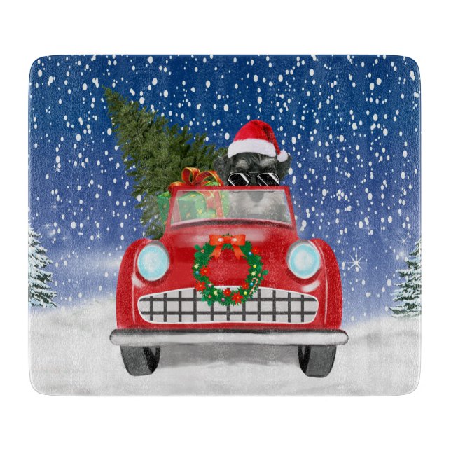 Planche À Découper Schnauzer Chien Conduite Voiture En Noël De Neige (Devant)