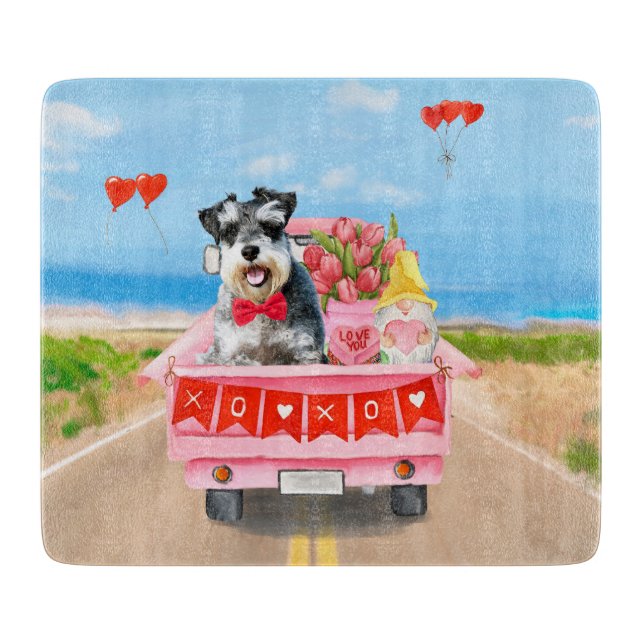 Planche À Découper Schnauzer Chien Saint Valentin Coeurs de camion (Devant)
