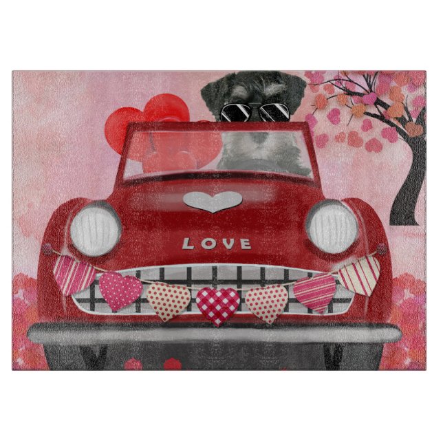 Planche À Découper Schnauzer Chien Voiture avec coeurs Saint-Valentin (Devant)