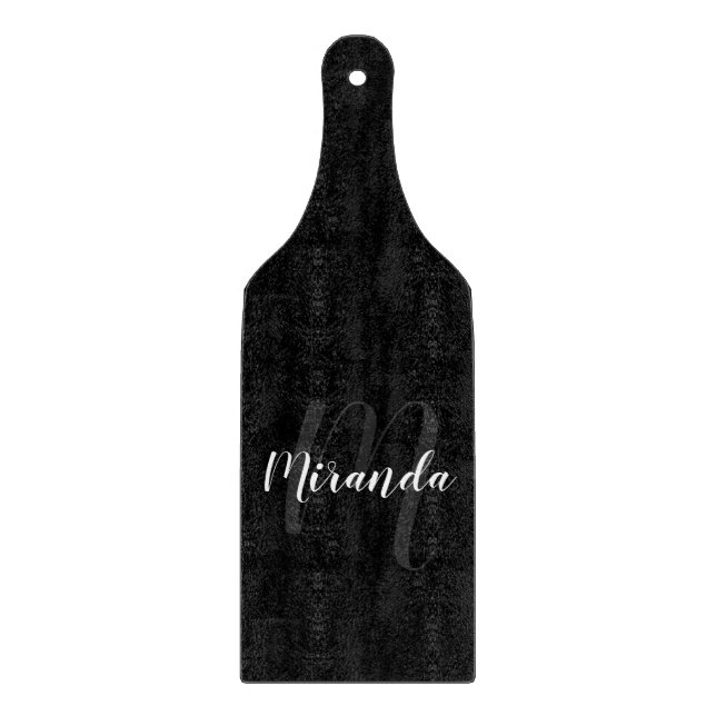 Planche À Découper Script moderne Monogramme personnalisé et nom noir (Devant)