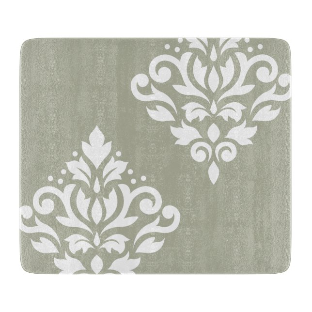 Planche À Découper Scroll Damask Art I White on Green (Devant)