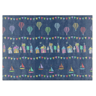 Planche À Découper Seaside Town Sail Boats and Bunting Pattern Blue