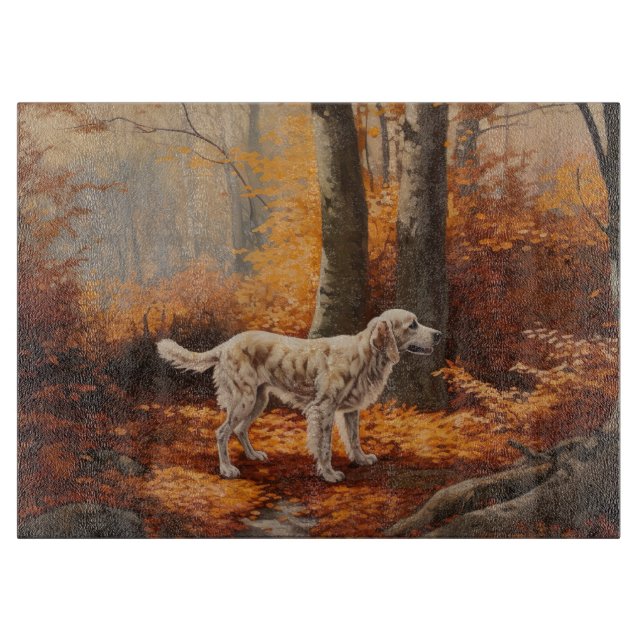 Planche À Découper Setter Anglais dans les feuilles d'automne qui tom (Devant)