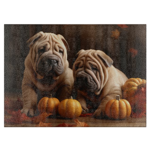 Planche À Découper Shar Pei Chiot Automne Citrouille de plaisir (Devant)