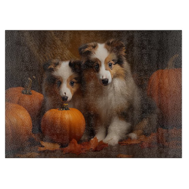 Planche À Découper Shetland Sheepdog Chiot Chiot Automne Citrouille d (Devant)