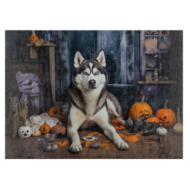 Planche À Découper Sibérie Husky Citrouille Halloween effrayant (Devant)