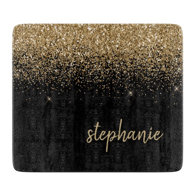 Planche À Découper Signature Moderne Paillettes Or Noir (Devant)