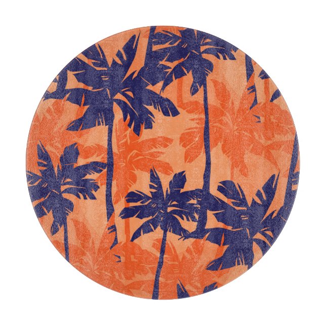 Planche À Découper Silhouette de palmier bleu, arrière - plan orange (Devant)