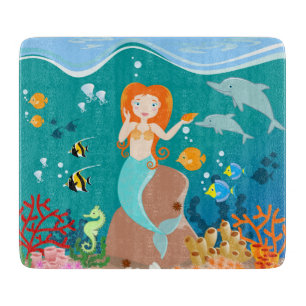Planche À Découper Sirène et dauphins sous la mer fête d'anniversaire