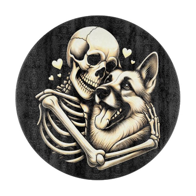 Planche À Découper Skeleton serrant chien Halloween berger allemand (Devant)