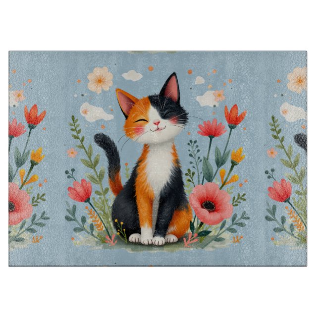 Planche À Découper Smiling Calico Cat in Blooming Garden (Devant)