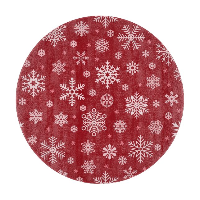 Planche À Découper Snowflakes, décoration rouge, motif de Noël. (Devant)