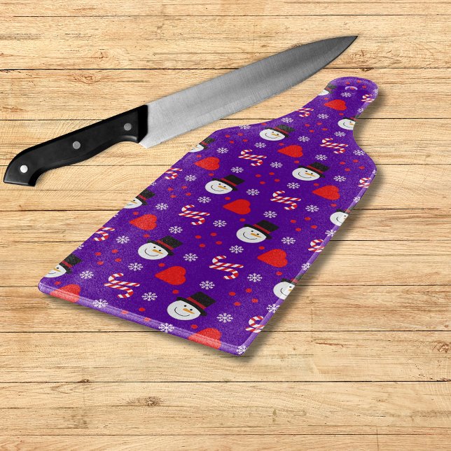 Planche À Découper Snowflakes Snowman Sucres de canne Arrière - plan  (Snowflakes Snowman Candy Canes Blue Background Cutting Board)