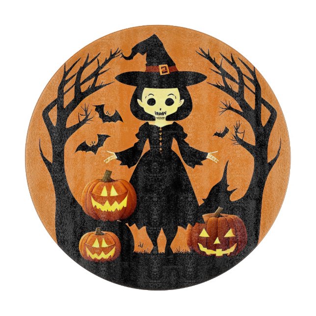 Planche À Découper Sorcière d'Halloween avec citrouilles dans un cadr (Devant)