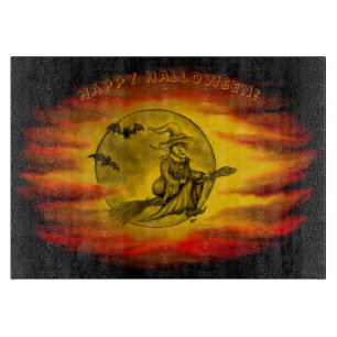 Planche À Découper Sorcière volante avec chat noir, nuit halloween