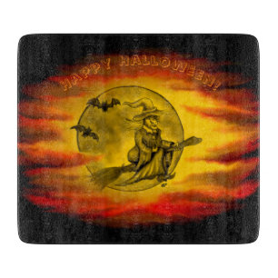 Planche À Découper Sorcière volante avec chat noir, nuit halloween