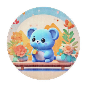 Planche À Découper Souris bleu mignonne avec fleurs