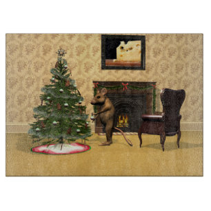 Planche À Découper Souris mignonne décorant un arbre de Noël