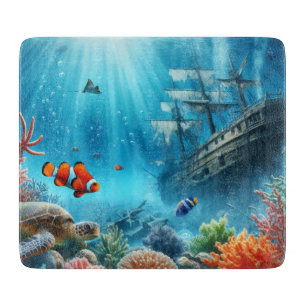 Planche À Découper Sous la mer, tortue, corail, bateau, poisson clown