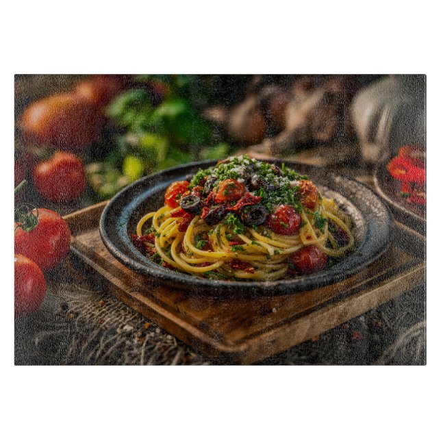 Planche À Découper Spaghetti Puttanesca avec tomates fraîches et oliv (Devant)