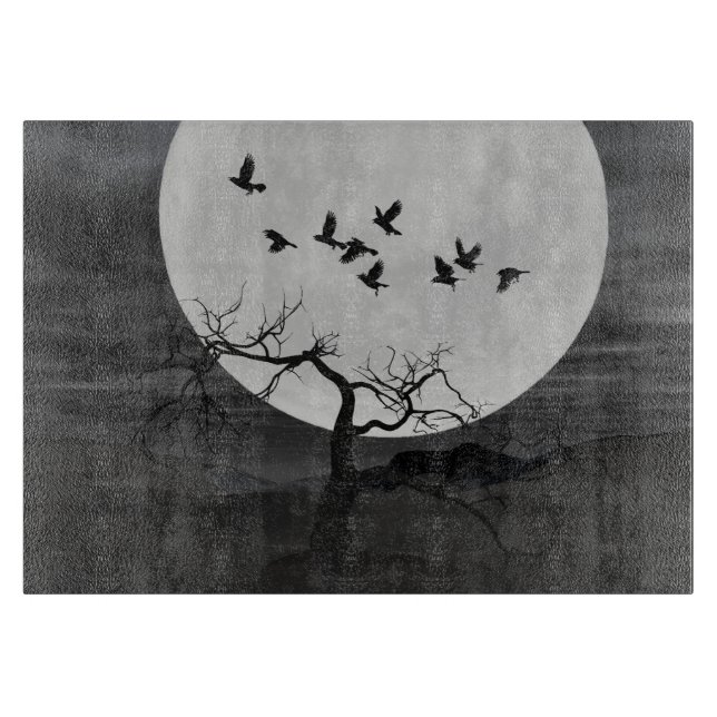 Planche À Découper Spooky Ravens Flying Against the Full Moon (Devant)